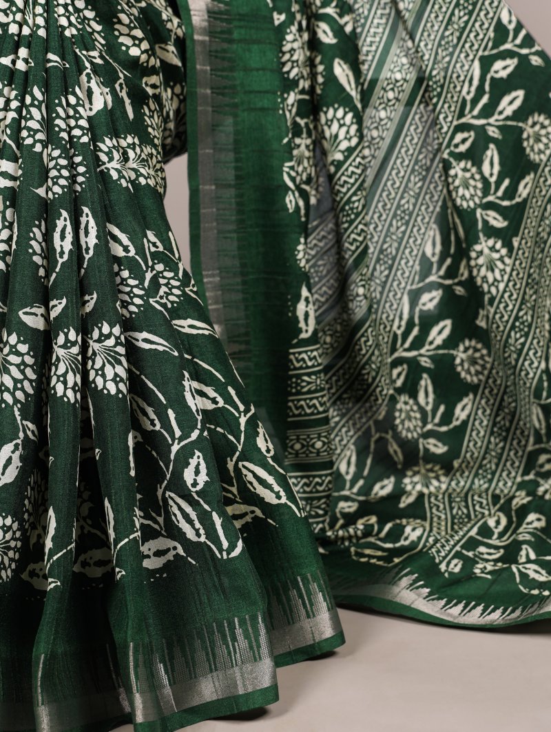 Ynf7214 Slub Silk Floral Printed With Zari Border Saree